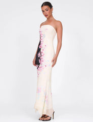 Strapless Satin Cheery Blossom Floral Maxi Dress