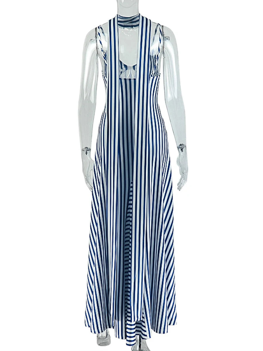 Mannequin wearing a blue and white striped dress on a white background
