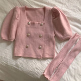 Square Collar Double Breasted Puff Sleeve Cardigan