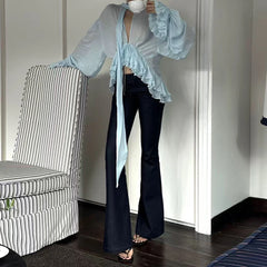 Sheer Ruffled Plunging Neck Halter Blouse