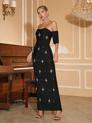 Off-shoulder diamond bandage maxi evening gown.

