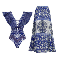 V-Neck Tie-Strap Swimsuit and Wrap Skirt Set