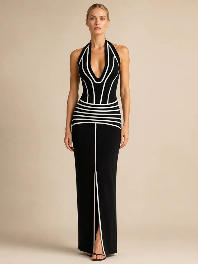 Striped Halter Neck Maxi Dress