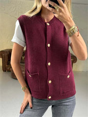 Sleeveless Pocket Solid Knit Cardigan