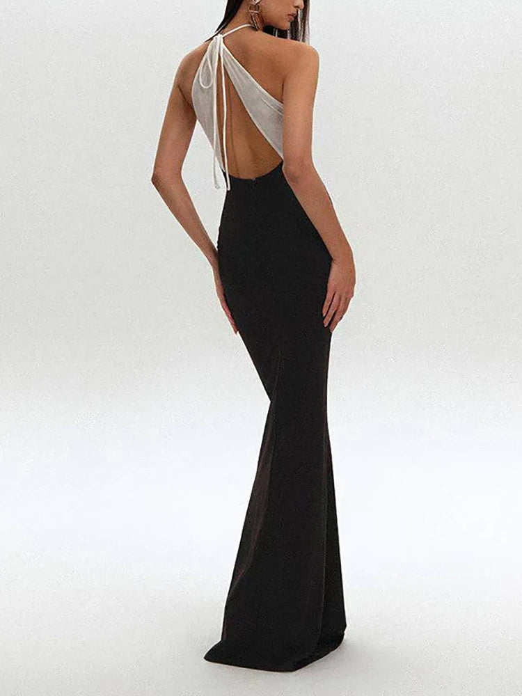 Halter neck cutout colorblock maxi dress back view