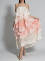 Sleeveless A-line dress with lace trim and color gradient