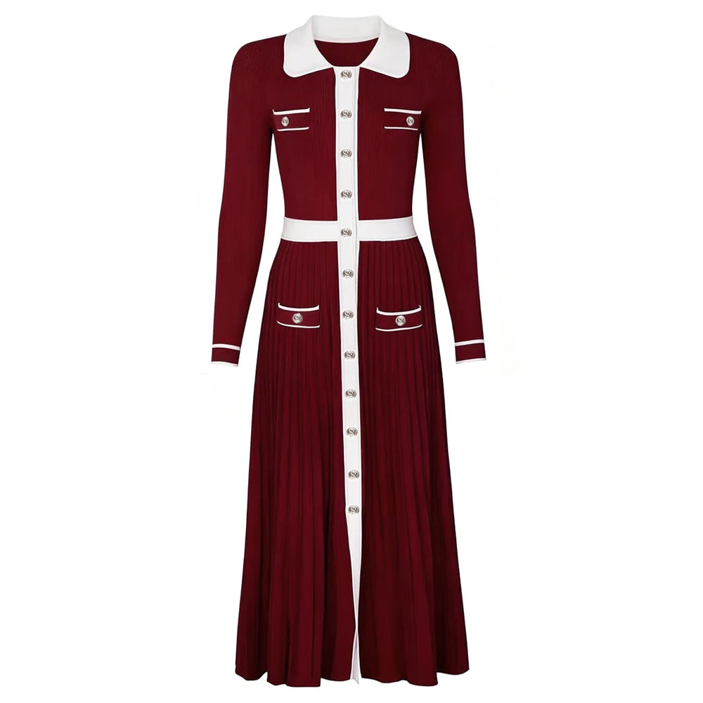 Burgundy collared colorblock pleated knit midi dress