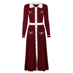 Burgundy collared colorblock pleated knit midi dress