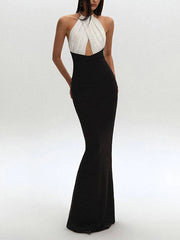 Halter neck cutout colorblock maxi dress side view