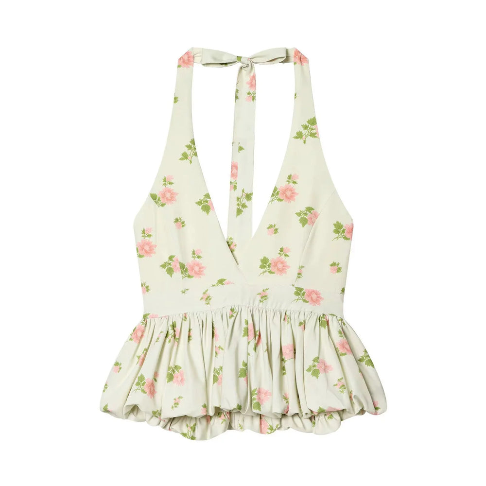 Floral-patterned halter top on a white background