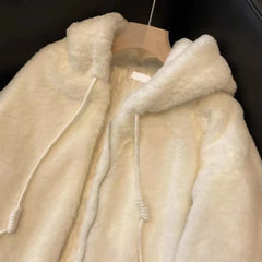 White Outwear Hooded Faux Rabbit Fur Plush Jacket