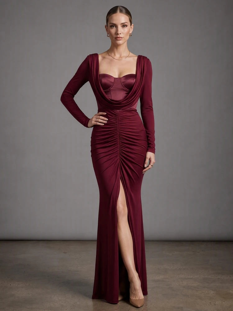 Burgundy draped collar ruched gown dress with long sleeves and a high slit.