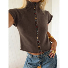 Turtleneck High Neck Knit Short Sleeve Button Front Crop Top
