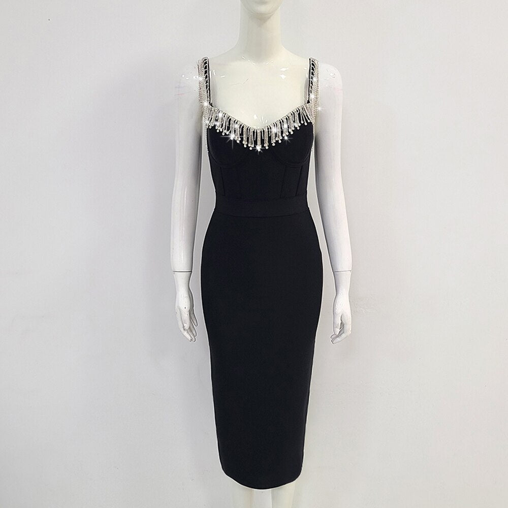 Women's Black Sparkling Diamond Tassel Long Sleeve Evening Dress