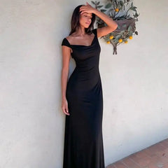 Cap Sleeve Cowl Neck Column Evening Dress