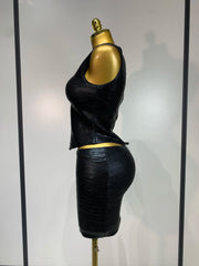 Metallic Bandage Mock Neck Tank Top and Mini Skirt Set