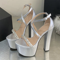 Silver high-heeled platform shoes with rhinestone embellishments on a reflective surface.