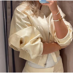 Cropped Ribbed Hem Bomber Jacket