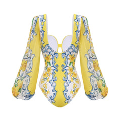 Balloon Sleeve Square Neck Cutout Bodysuit and Print Maxi Skirt Set