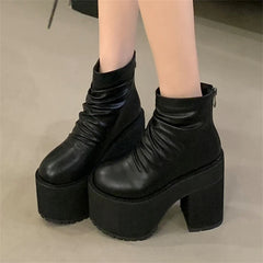 Pleated Platform Square High Heels Zipper Boots