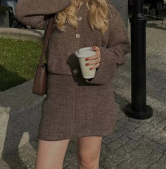 Milkcoffee Lapel Cardigan Elastic Waist Mini Skirt Suits