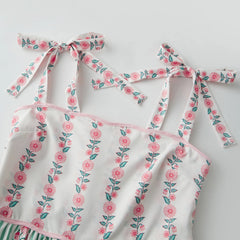 Floral Print Striped Maxi Dress with Square Neck and Tie Shoulders