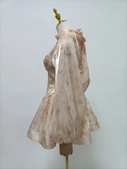 Pink Floral Puff Sleeve High Neck Scarf Mini Dress
