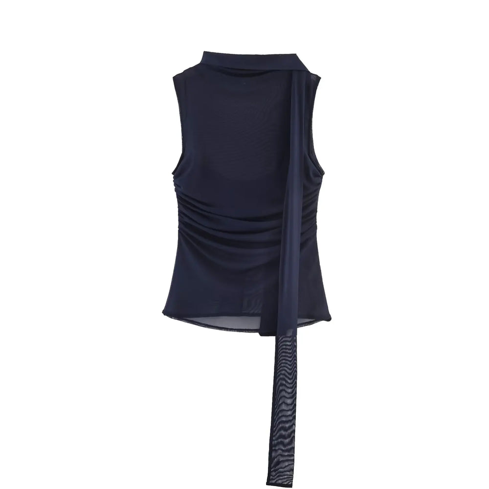 Navy sleeveless top with draped design on a white background