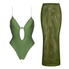 Green monochrome two-piece swimwear set with cutout detail and matching knit skirt.