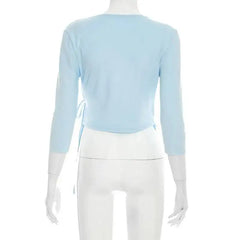 Ruched Wrap Neck 3/4 Sleeve Crop Top