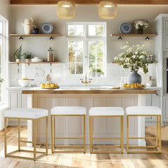 White and gold bar stools set of 4, 24-inch height, backless metal steel frame base, U.S. Origin.