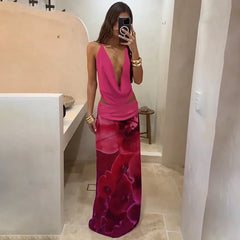 Deep V-Neck Cowl Neck Top and Floral Print Maxi Skirt Set
