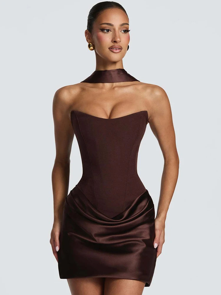Strapless choker neck ruched mini dress in brown