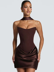 Strapless choker neck ruched mini dress in brown