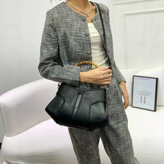 Bamboo Handle Colorblock Leather Handbag