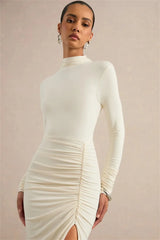 Long Sleeve Ruched Slit Turtleneck Midi Dress