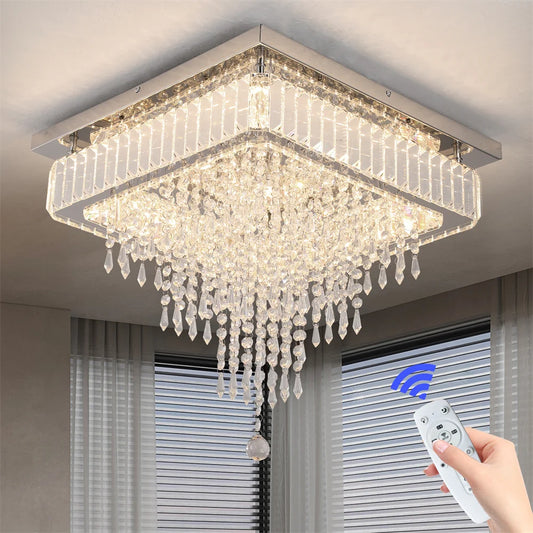 Crystal Square LED Ceiling Lamp Dimmable Flush Mount Chandelier