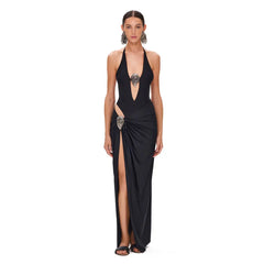 Halter Neck Plunge One-Piece Swimsuit and High-Slit Wrap Skirt Set