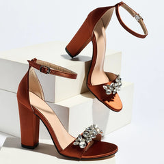 Crystal Embellished Square Heel Ankle Strap Sandals