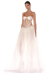 Strapless Mesh White A Line Maxi Long Dress