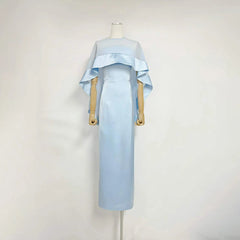 Cape Overlay Satin Strapless Maxi Dress
