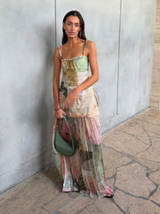 Floral print beaded strap top and maxi skirt set with green handbag