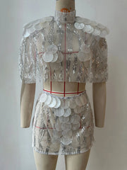 Silver Sheer Sequin Mock Neck Top and Mini Skirt Set