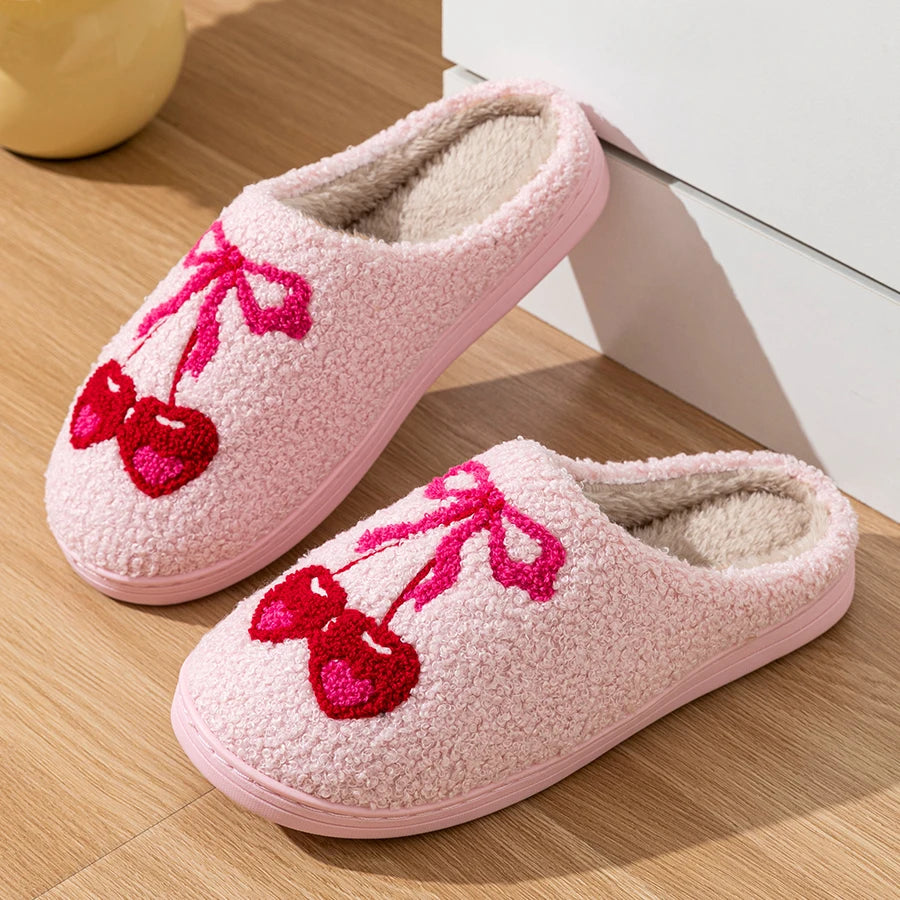 Plush pink slippers with cherry bow embroidery