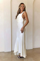 Satin Backless Asymmetrical Hem Maxi Dress