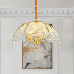 A sparkling crystal chandelier illuminating a modern living room, creating a luxurious ambiance.