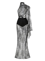 Asymmetric Lace High Neck See-Through Drape Maxi Dress