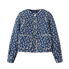 Floral quilted collarless jacket front view