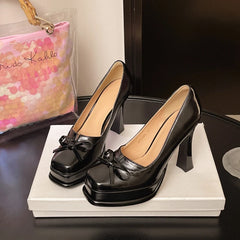 Black Platform Bow Dress Pumps