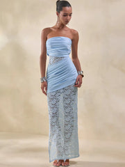 Light blue strapless ruched lace maxi dress with high slit and silver cuffs